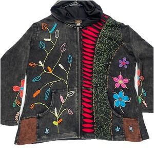 Rising International Hooded Zip Jacket Womens 3XL Boho Embroidered Floral Nepal